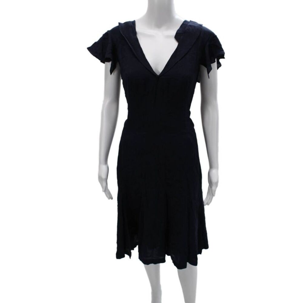 Zac Posen Womens Fit & Flare Silk V-Neck Mid Calf Dress Blue Size 12